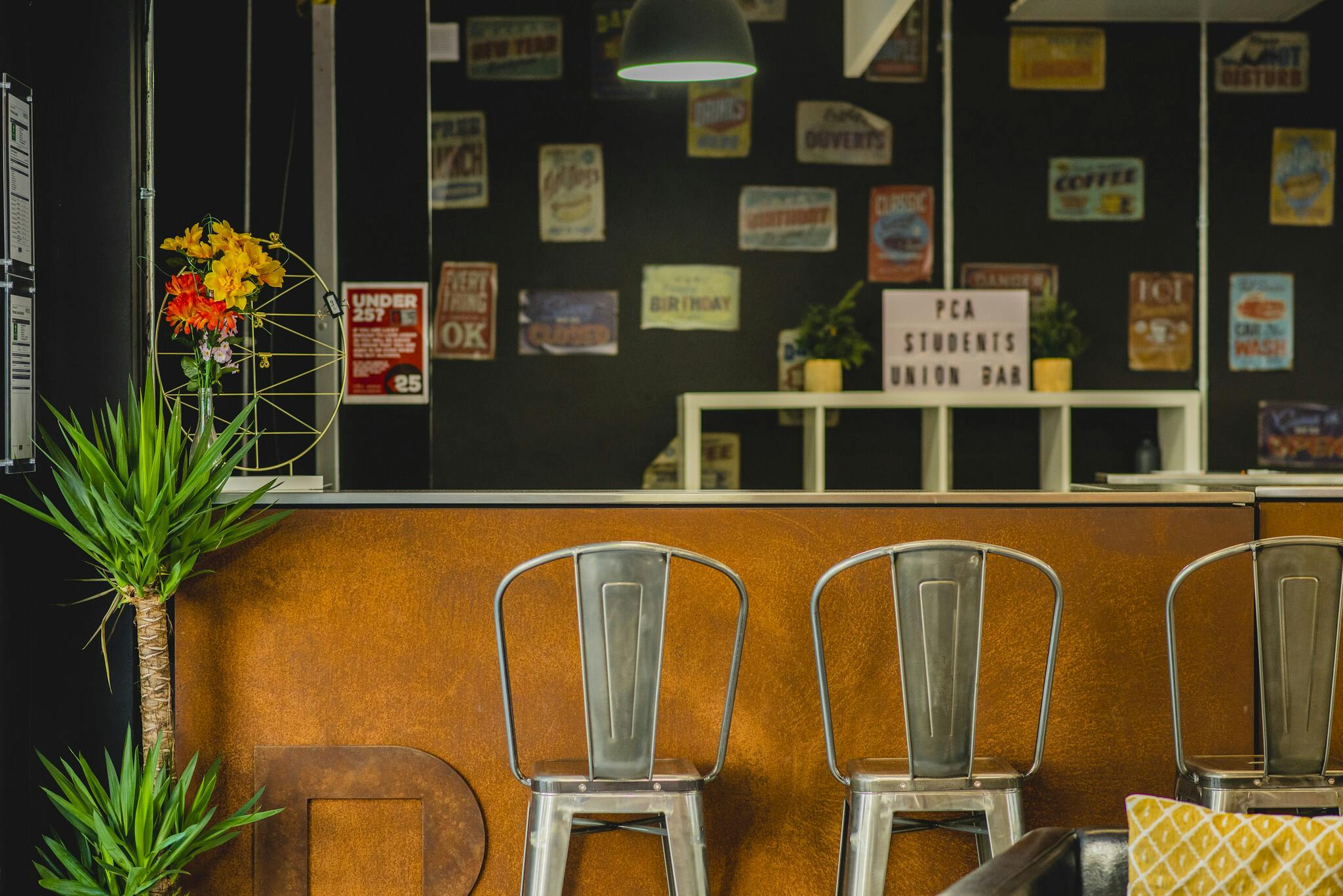 A warm rusted copper bar is framed by plants and high metal stools in our Students' Union bar. Behind the bar on the wall are vintage posters.